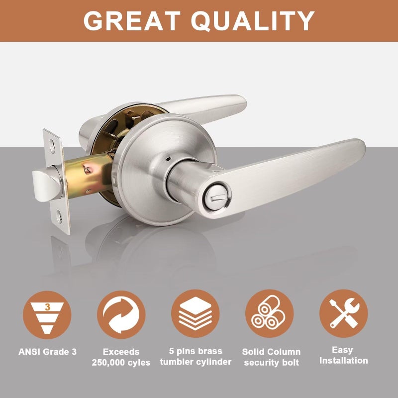Probrico (1 Pack Privacy Door Lever Door Handle for Bedroom or Bathroom Keyless Leverset, Locked in Side Home/Office Door Lockset,Modern&Durable in Satin Nickel Door Hardware - Image 3
